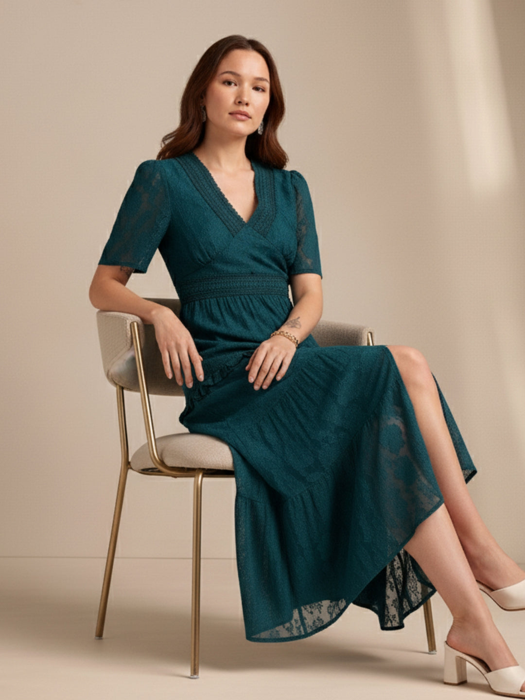 Teal Plunge Neck Jacquard Tiered Dress With Lace Detail