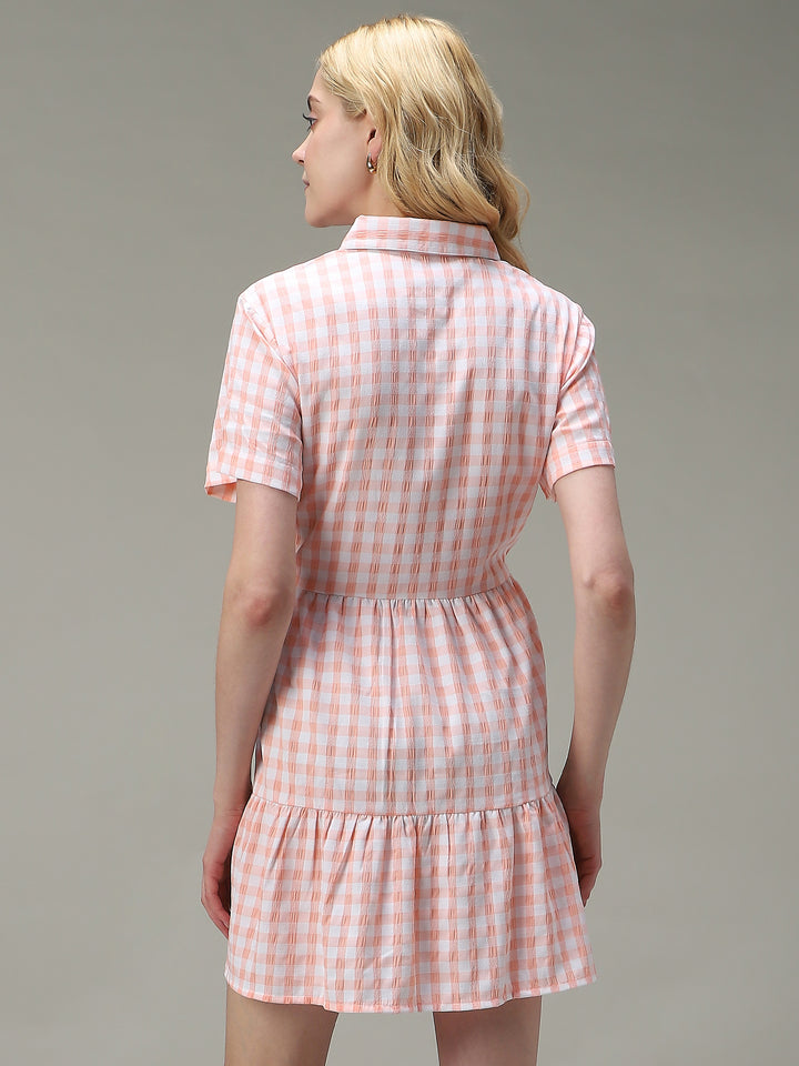Peach Checkered Tiered Dress
