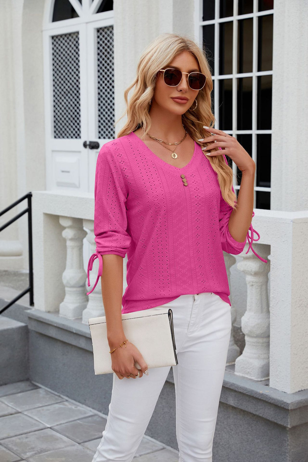 Fuchsia V Neck Textured Top