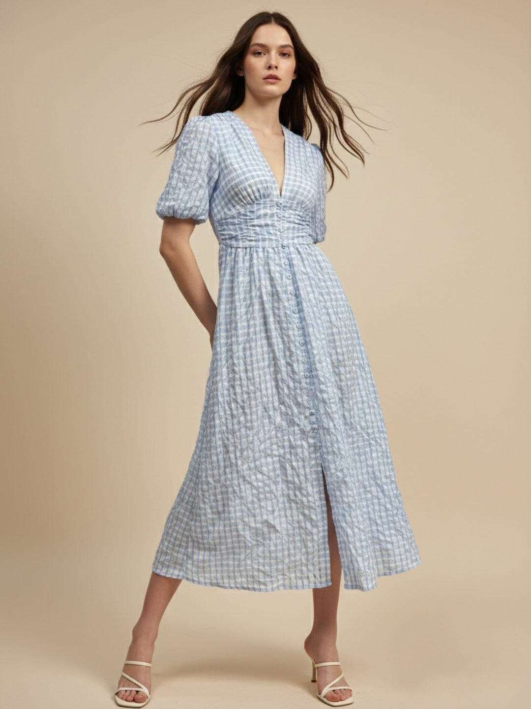 Blue Plunge Neck Puff Sleeved Dress