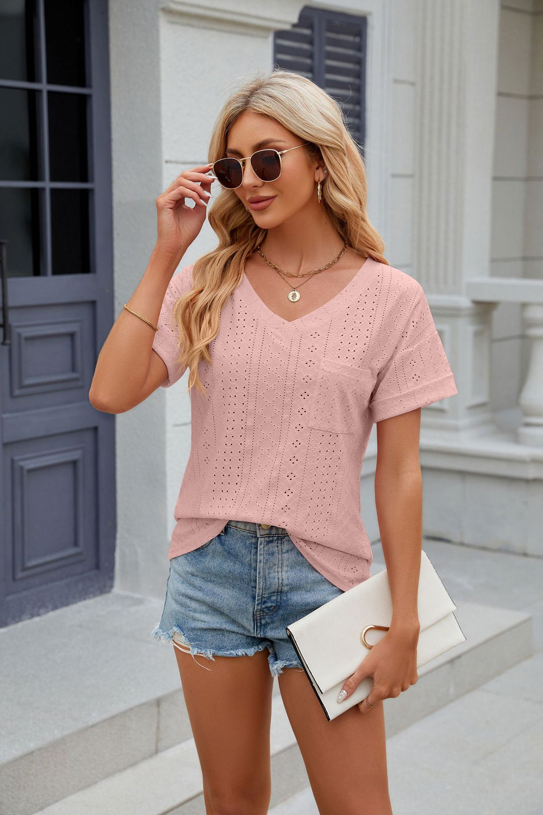Pink Short Sleeves V Neck Top