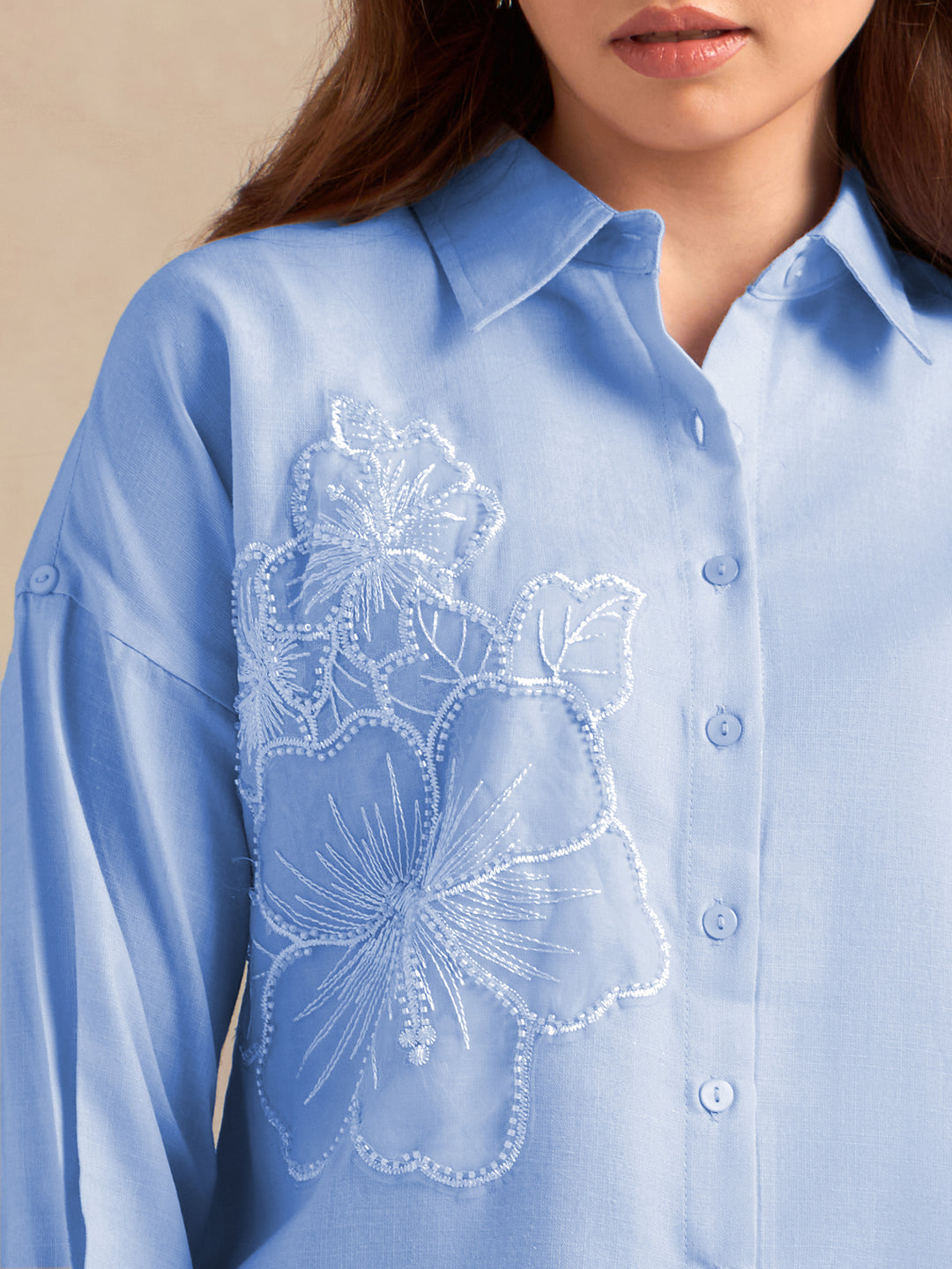 Blue Floral Embroidered Applique Shirt
