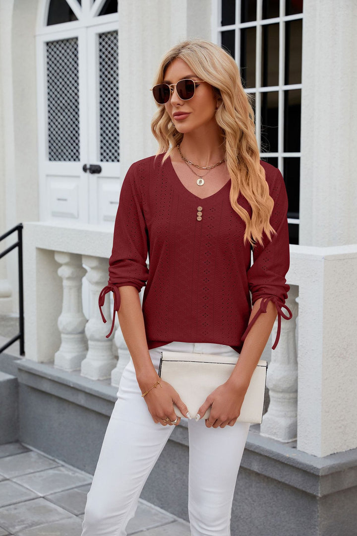 Red V Neck Textured Top