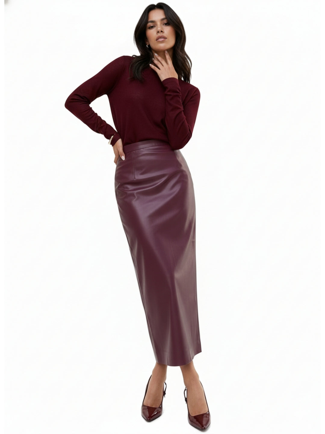 Burgundy High Waist Fitted Pu Skirt