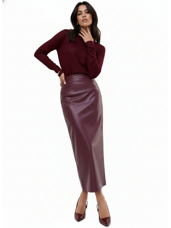 Burgundy High Waist Fitted Pu Skirt