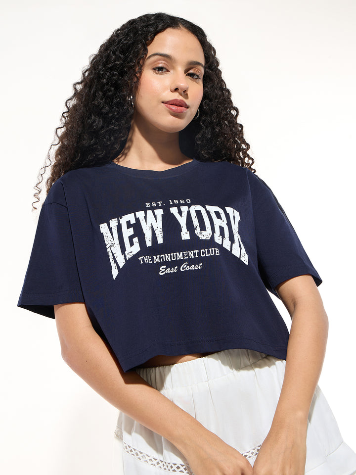 Navy Blue Cropped Boxy T-shirt With Graphic