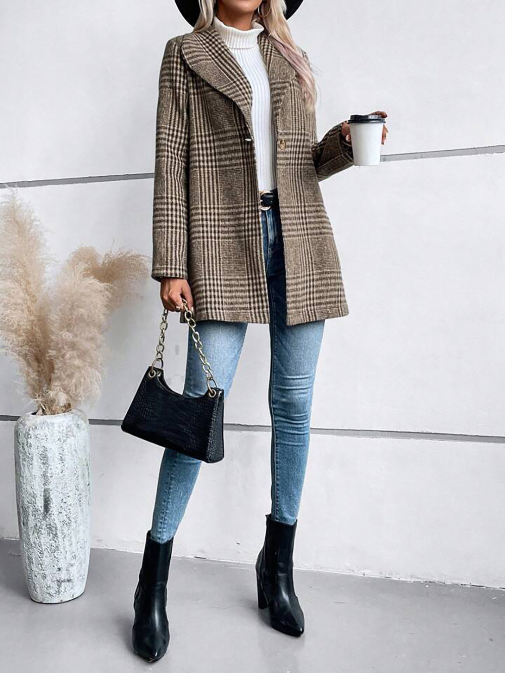 Brown Big Collar Full Sleeve Check Long Coat