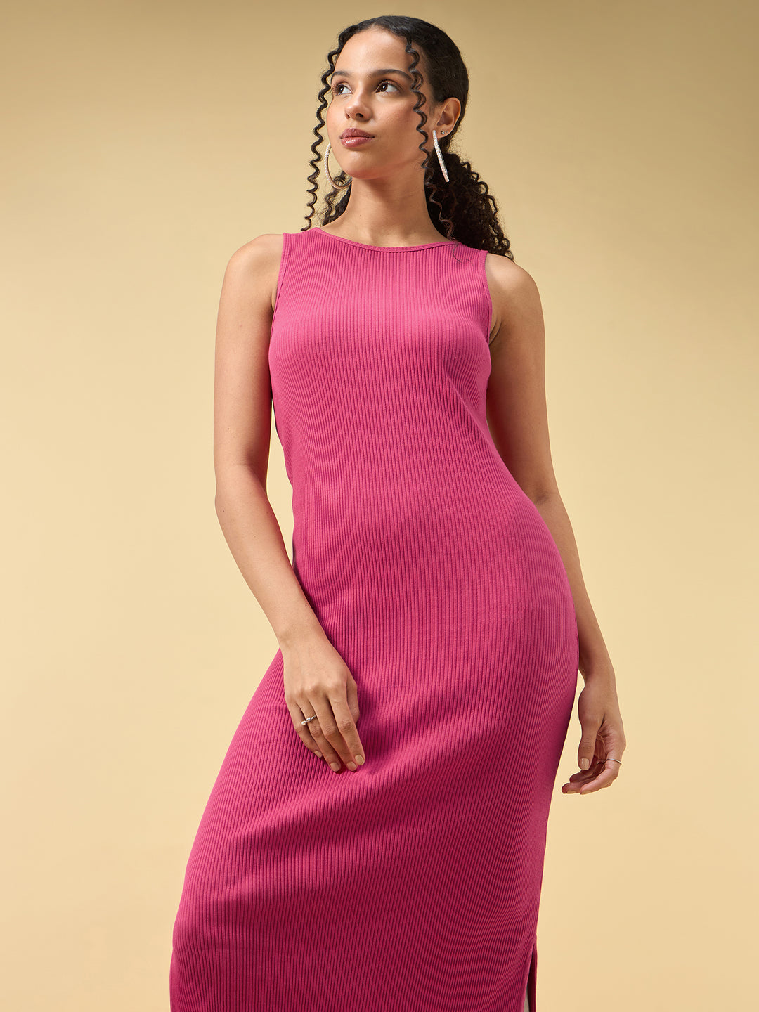 Pink Solid Slitted Bodycon Dress