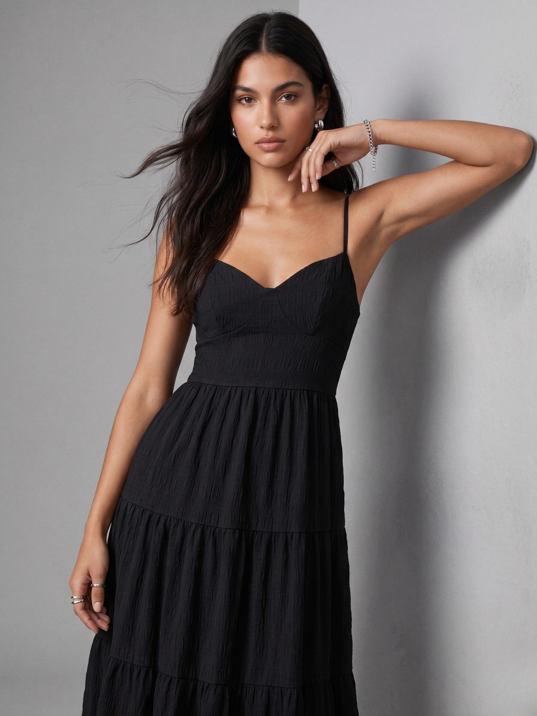 Black Shoulder Strap Back Bow Tiered Dress