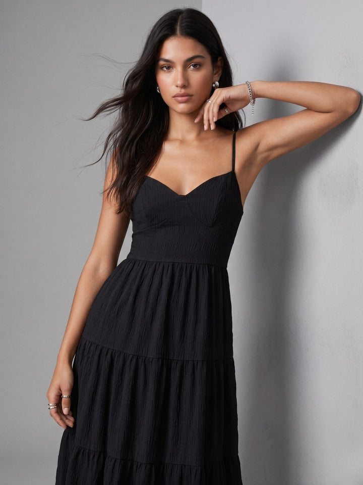 Black Shoulder Strap Back Bow Tiered Dress