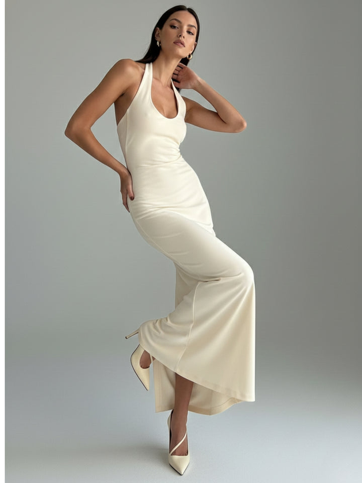 Cream Halter Neck Fitted Dress