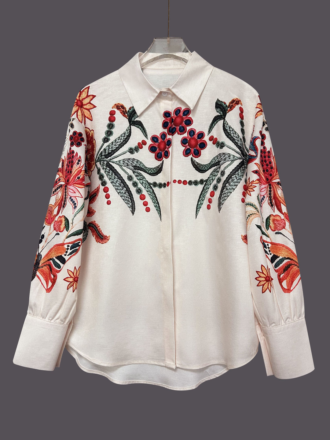 Off White Bishop Sleeve Front Buttoned Embroidered Top