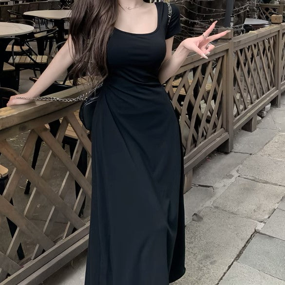Black Wide Neck Sinched Waist Maxi Dress
