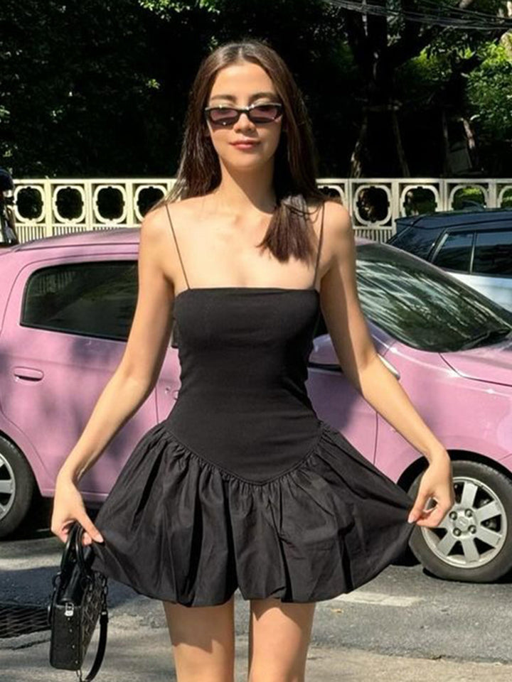 Black Flared Mini Dress With Straps