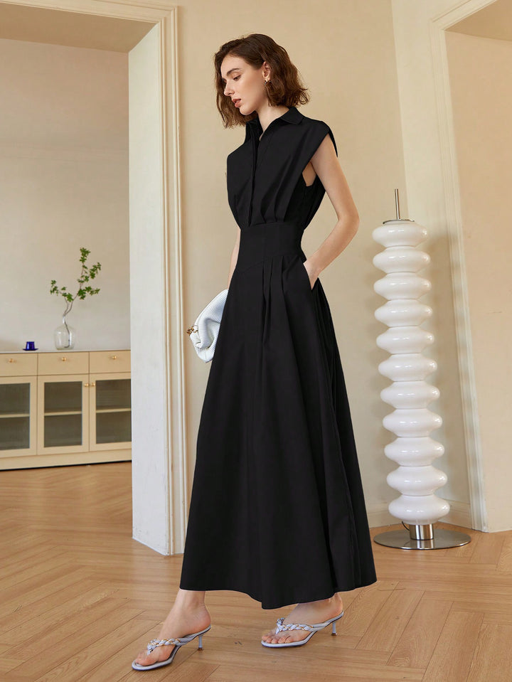 Black Front Button Shirt Style Sleeveless Dress