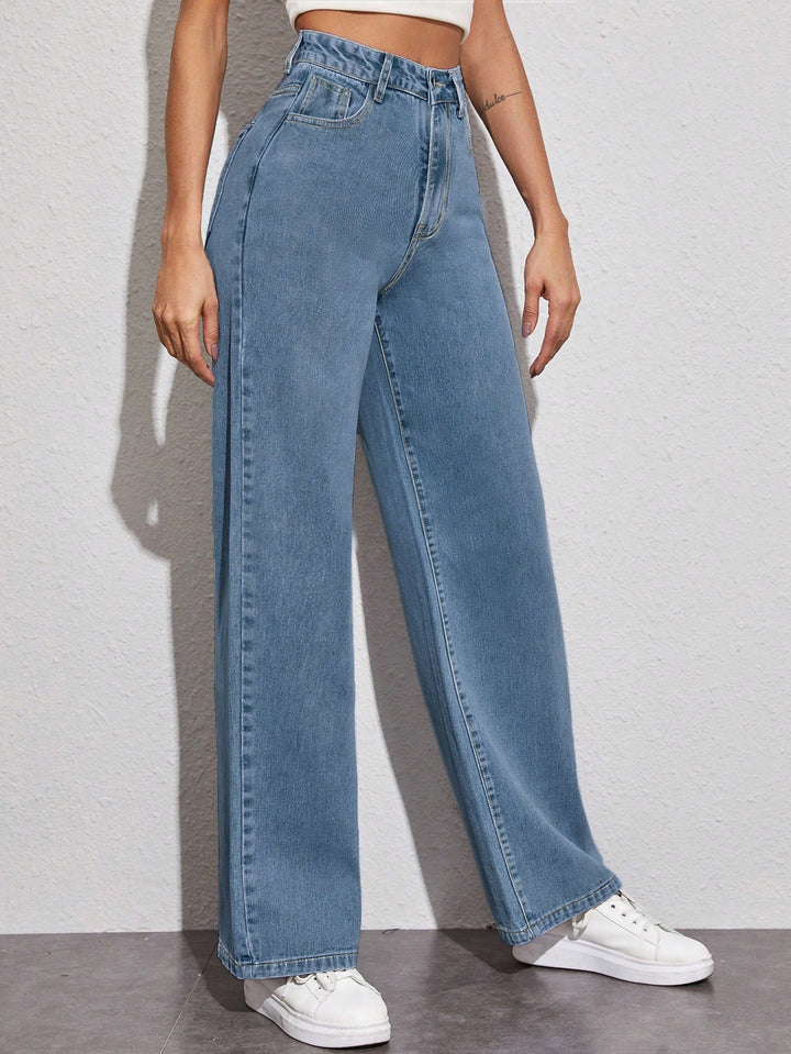 Blue Basic Tinted Wide Leg Jeans