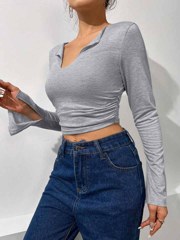 Grey Basic V Neck Full Sleeve With Slit Top