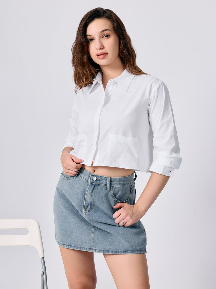 White Cropped Fitted Shirt