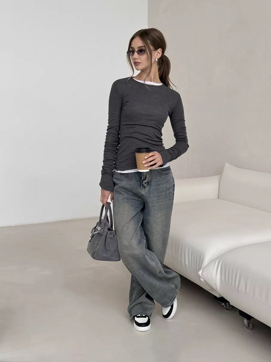 Grey Ruched Bell Cuff Sleeved Top