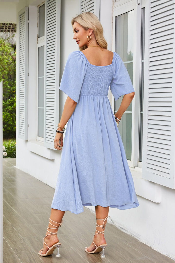 Blue Flutter Sleeved Bow Detailed Neck Dress