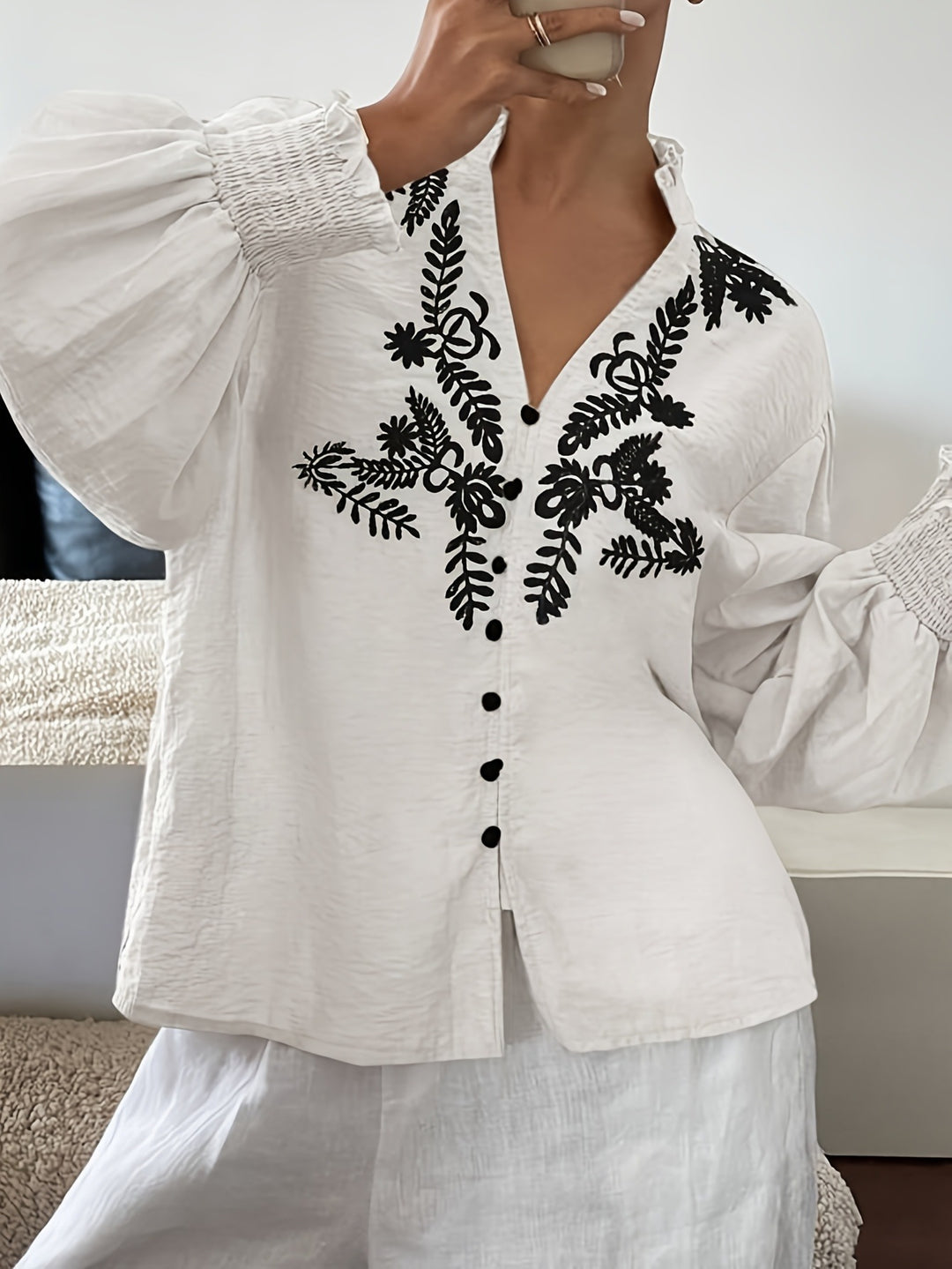 White Bishop Sleeve V Neck Embroidered Top