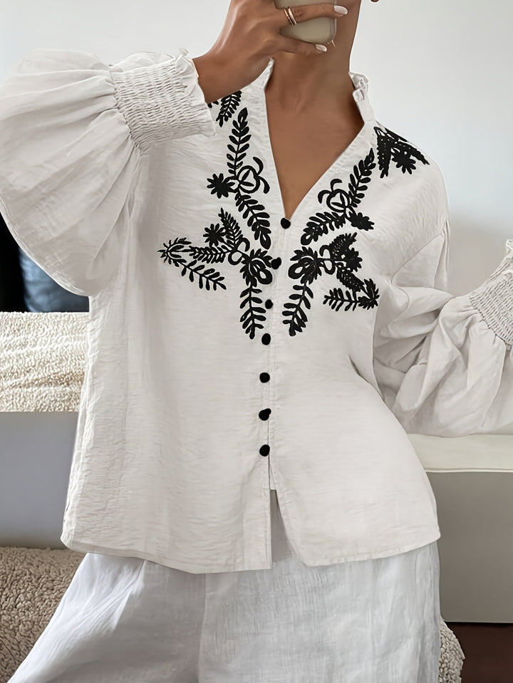 White Bishop Sleeve V Neck Embroidered Top