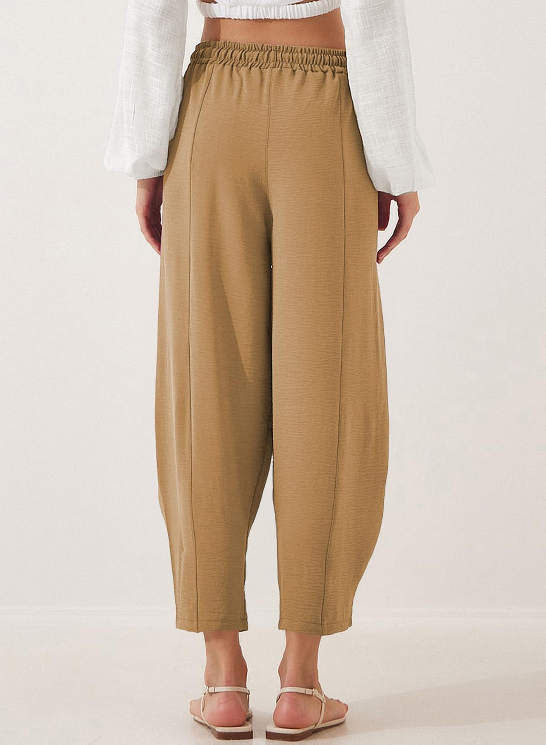 Beige Elasticated Waist Band Wide Leg Trouser