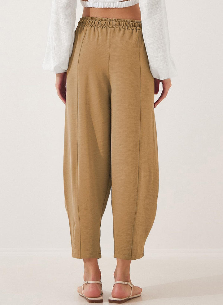 Beige Elasticated Waist Band Wide Leg Trouser