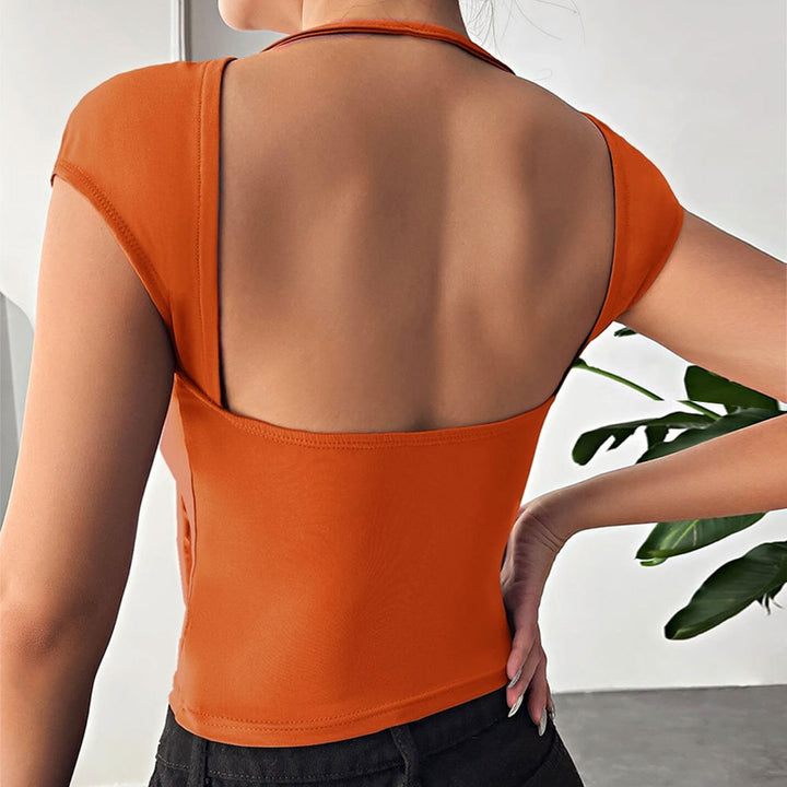 Orange Short Sleeve Back Cut Detail Top