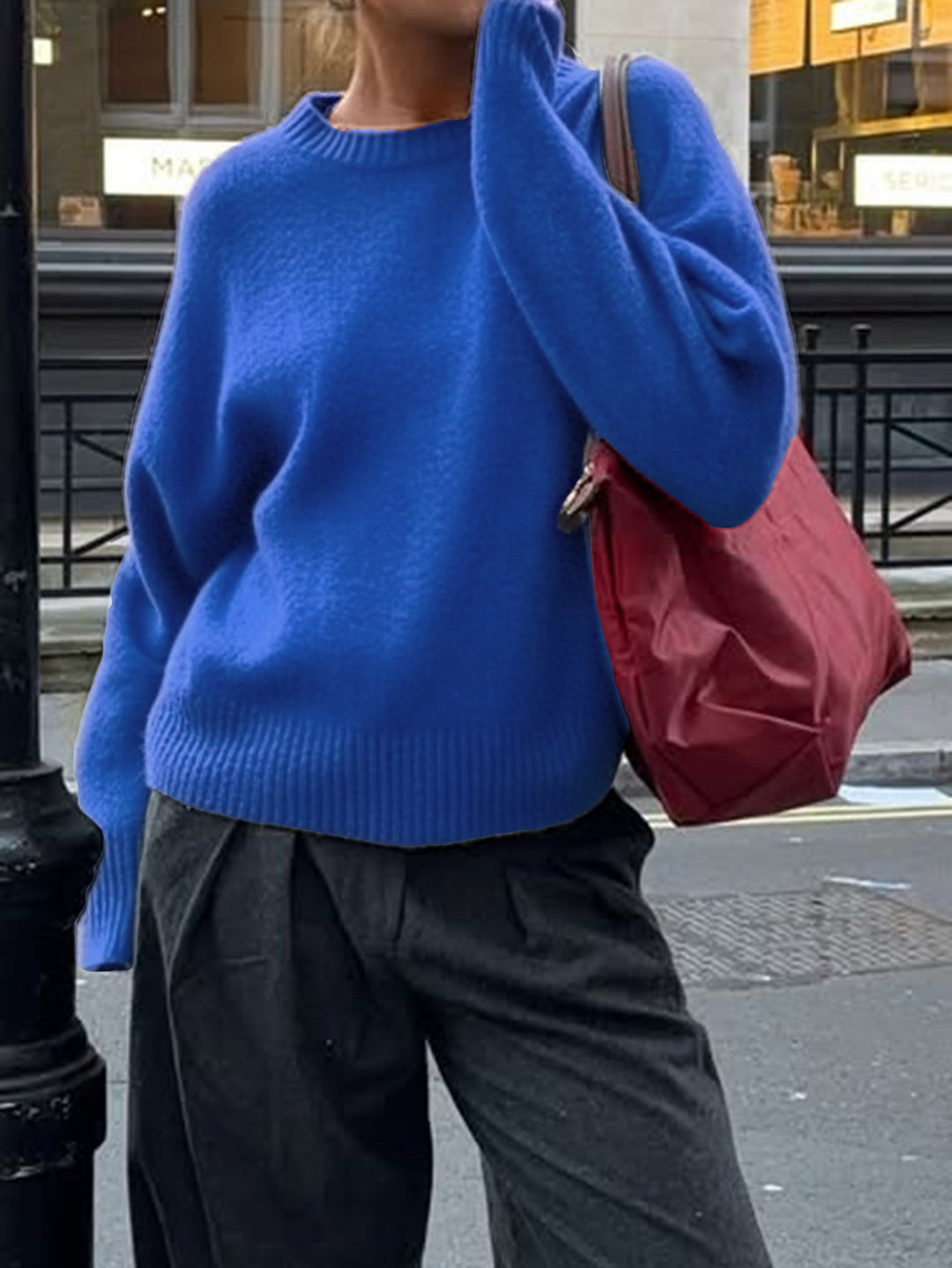 Blue Relaxed Casual Knit Sweater With Drop Shoulder