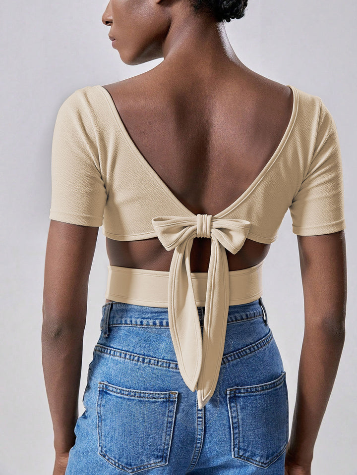 Cream Short Sleeve Round Neck Back Bow Top