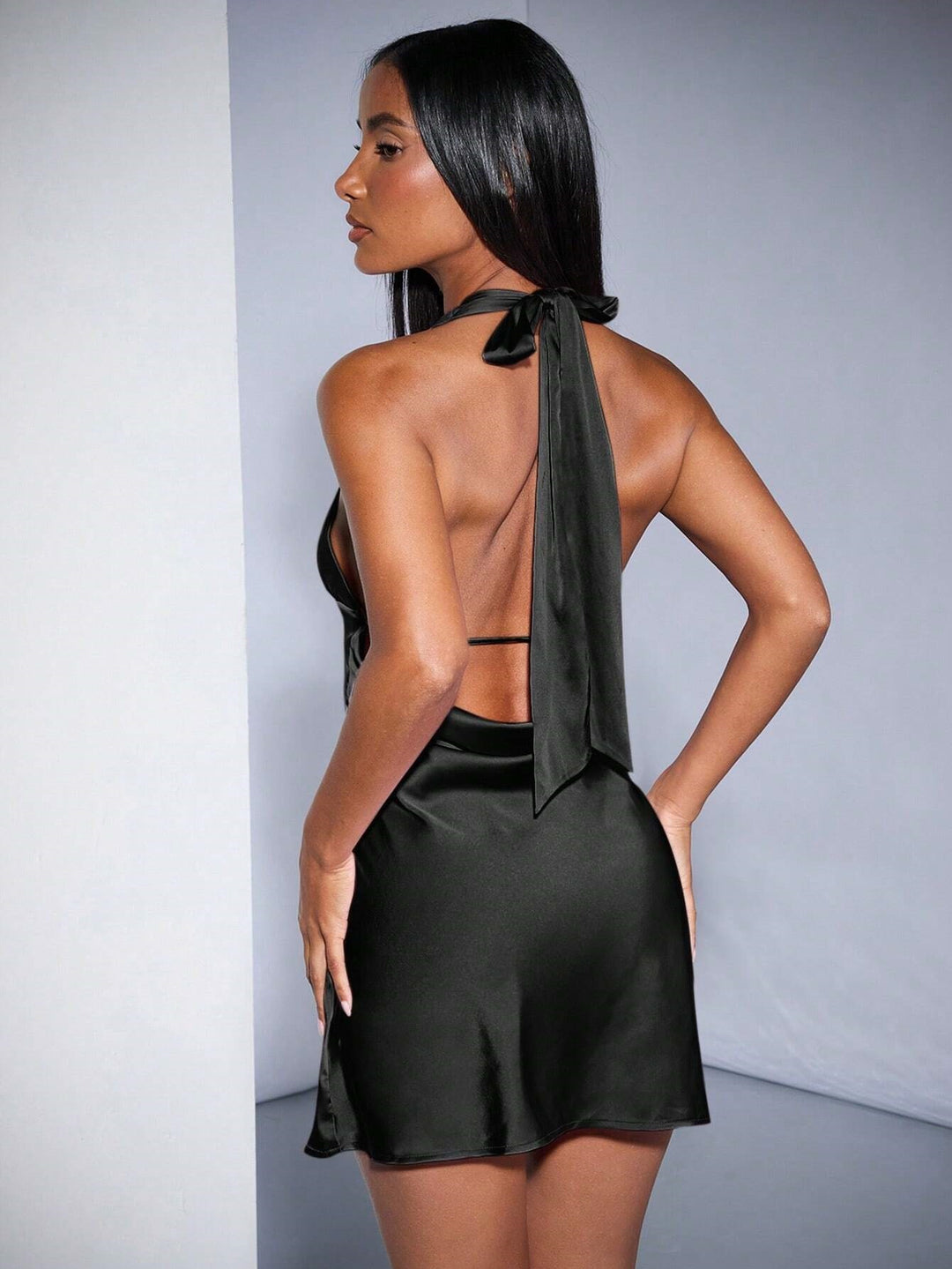 Black Halter Neck Back Tie-Up Dress