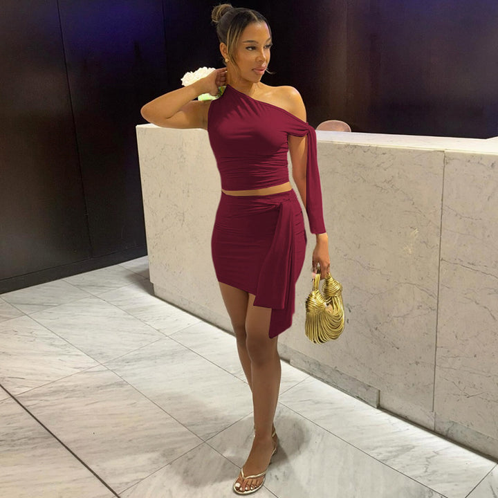 Burgundy One-Off Shoulder Top With Mini Skirt Co-Ord Set