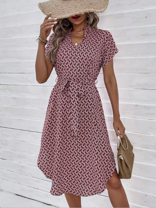 Red Round Hem Shirt Dress