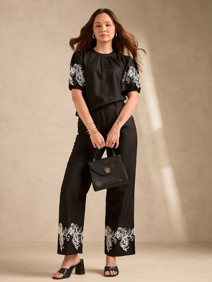 Black Co-Ord Set Embroidered Top With Straight Leg Trouser