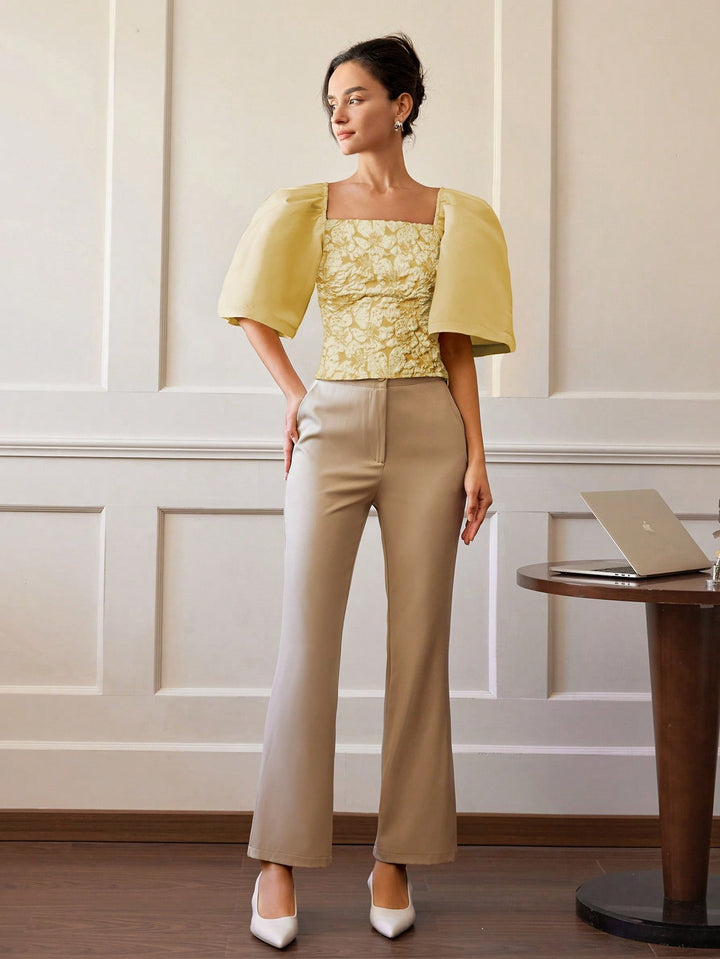 Yellow Floral Textured Fitted Top