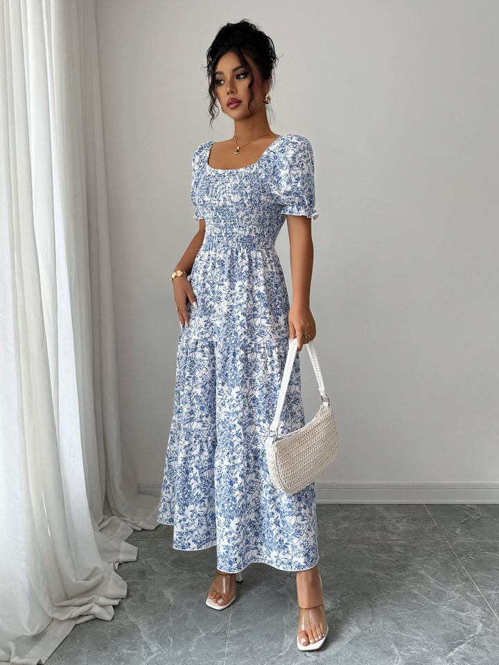 Blue Printed Round Neck Dress