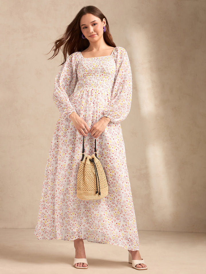 White Full Sleeves Printed Maxi Dress