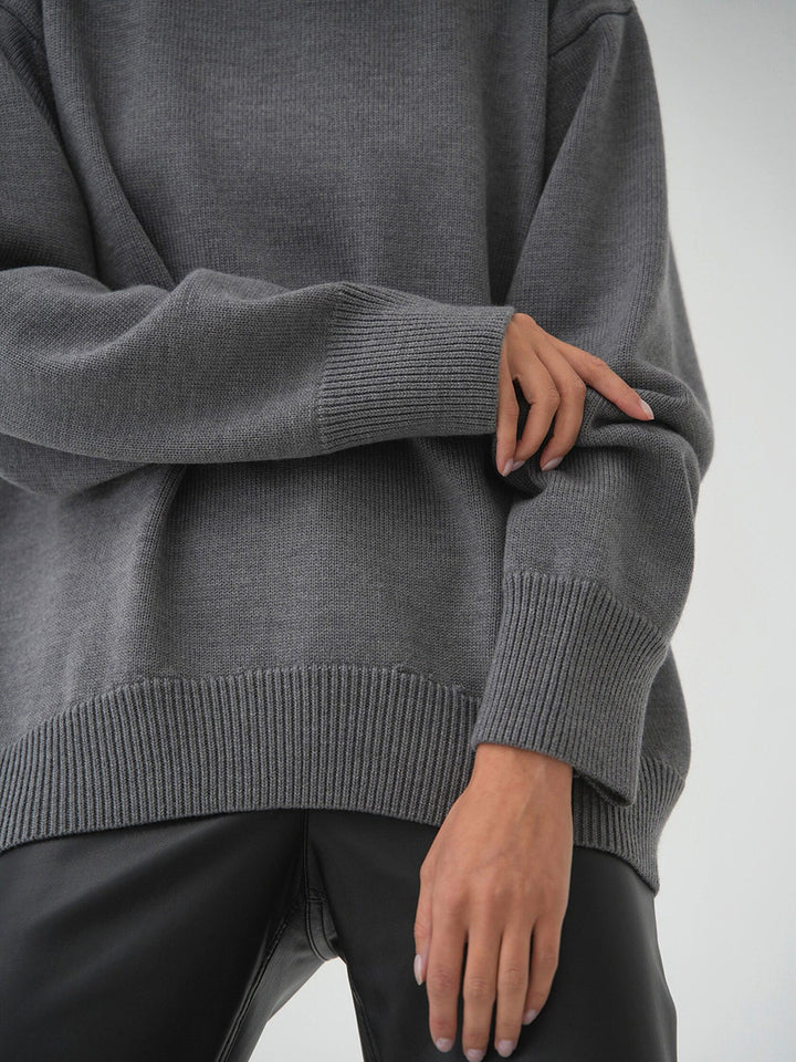 Grey Relaxed High Neck Solid Sweater