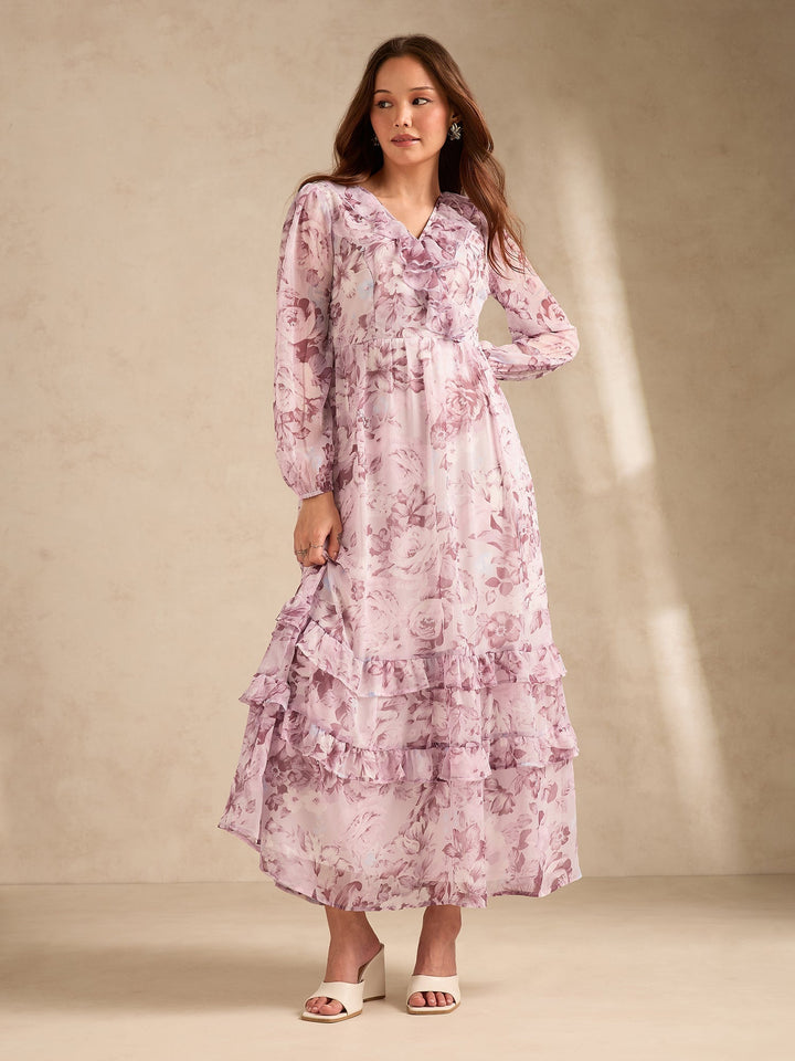 Pink Maxi Length V Length Printed Dress With Tiers