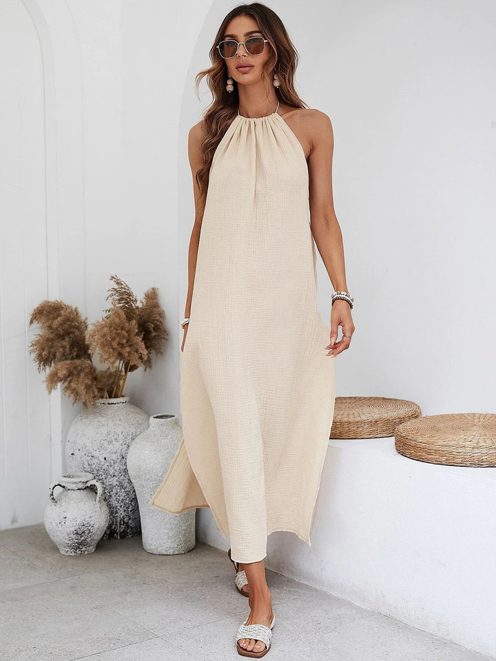 Khaki Halter Flowy Vacay Dress