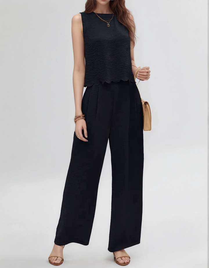 Black Sleeveless Scallop Hem  Back Tie Top Up And Pant Set