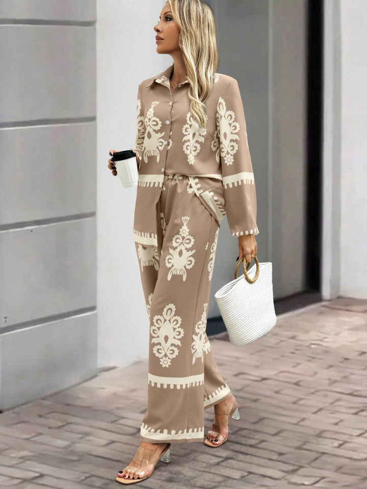 Beige Placement Print Shirt Trouser Coord Set