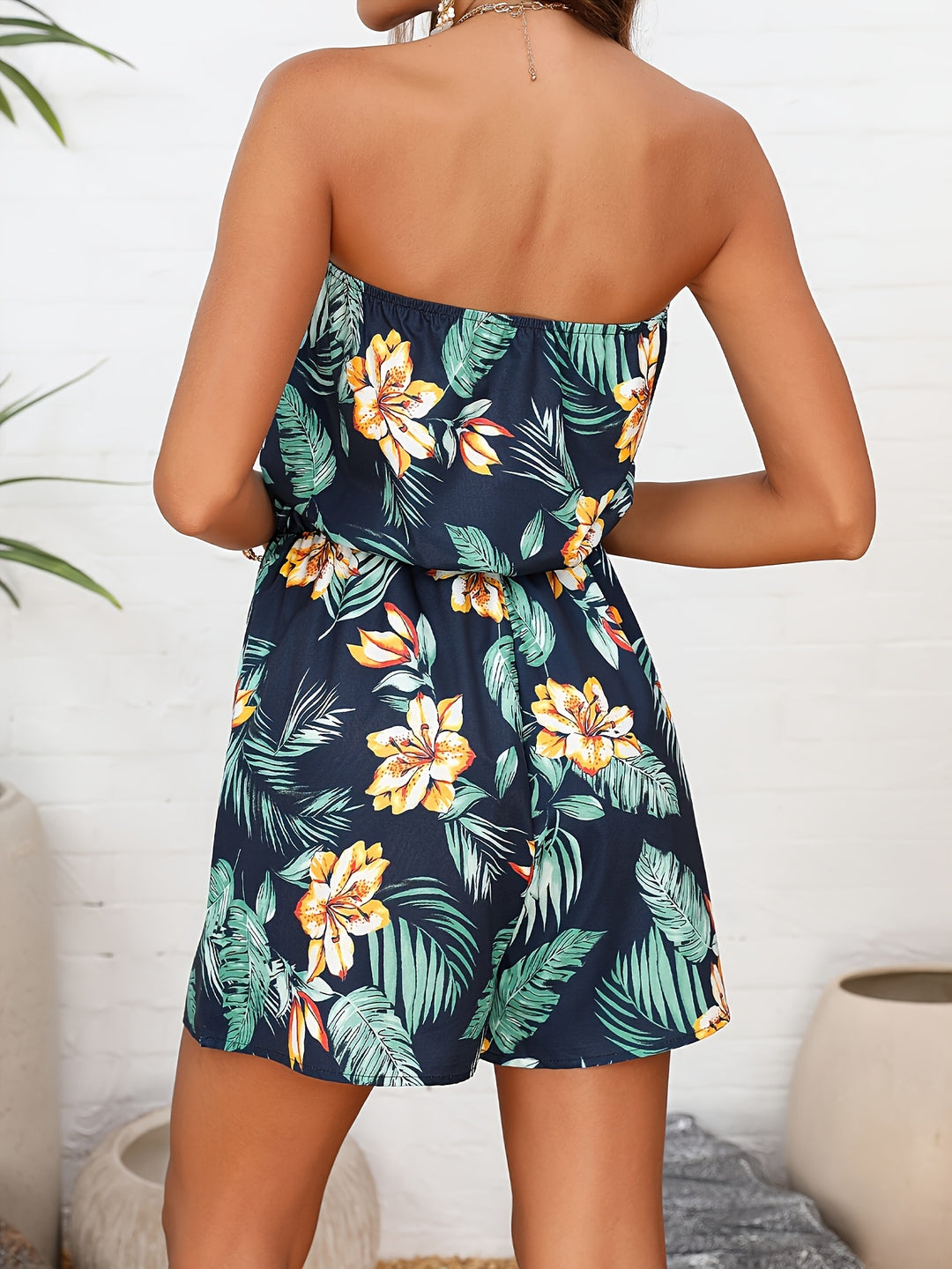 Navy Blue Printed Bandeau Romper