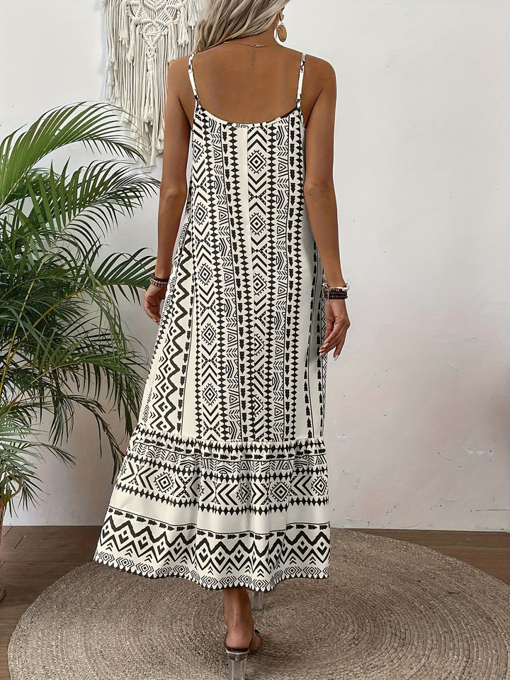 Off White Spaghetti Strap Printed Dress