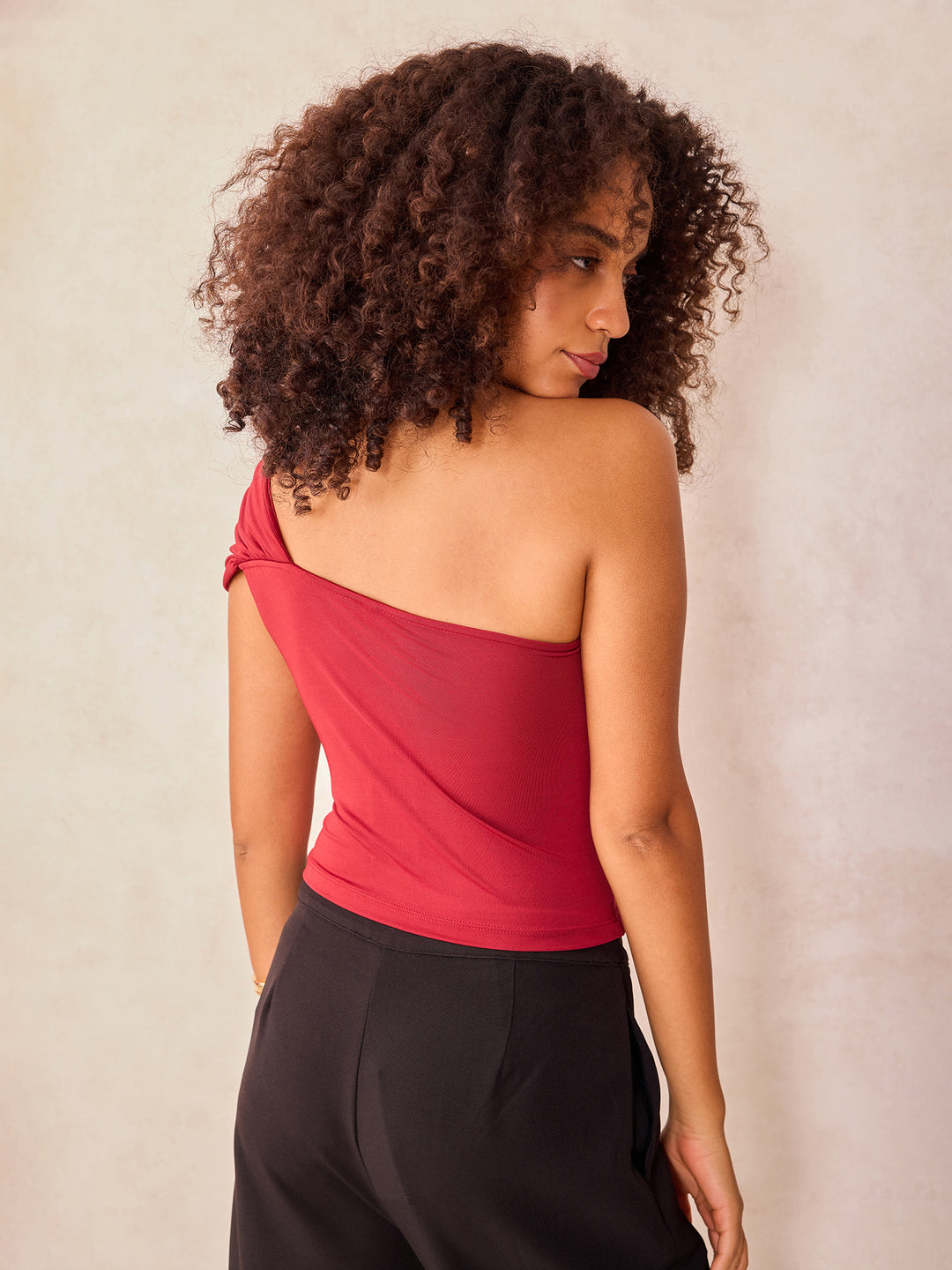 Red Textured One Shoulder Knit Top
