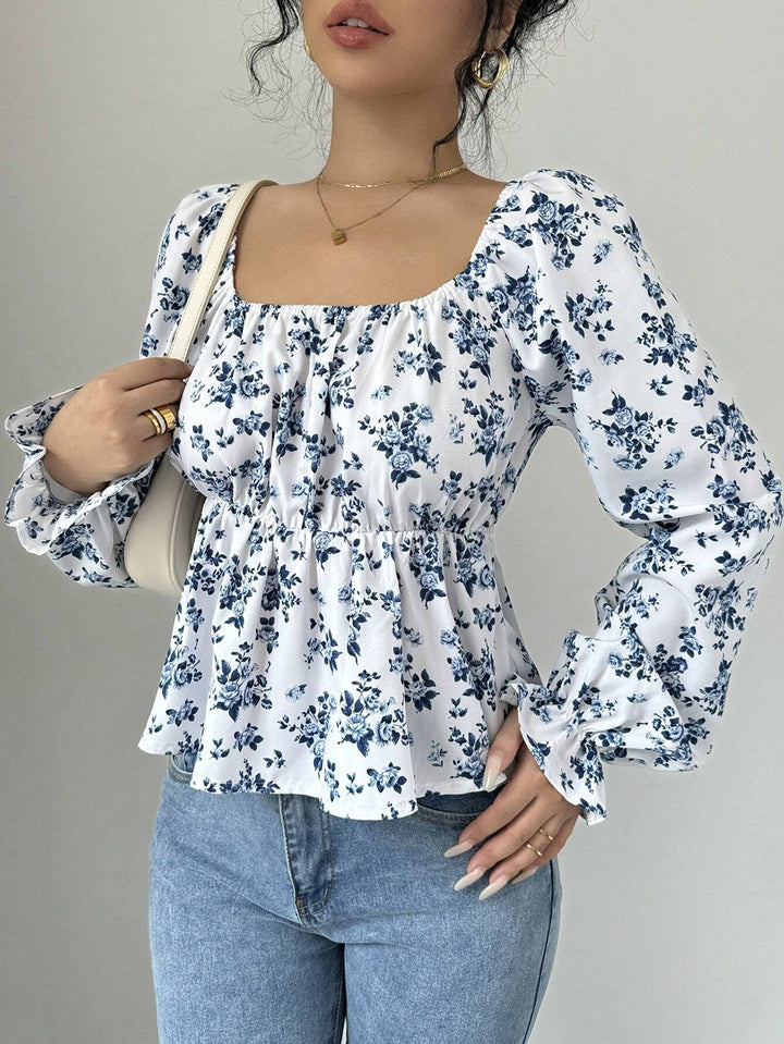 Blue Floral Printed Ruffle Top