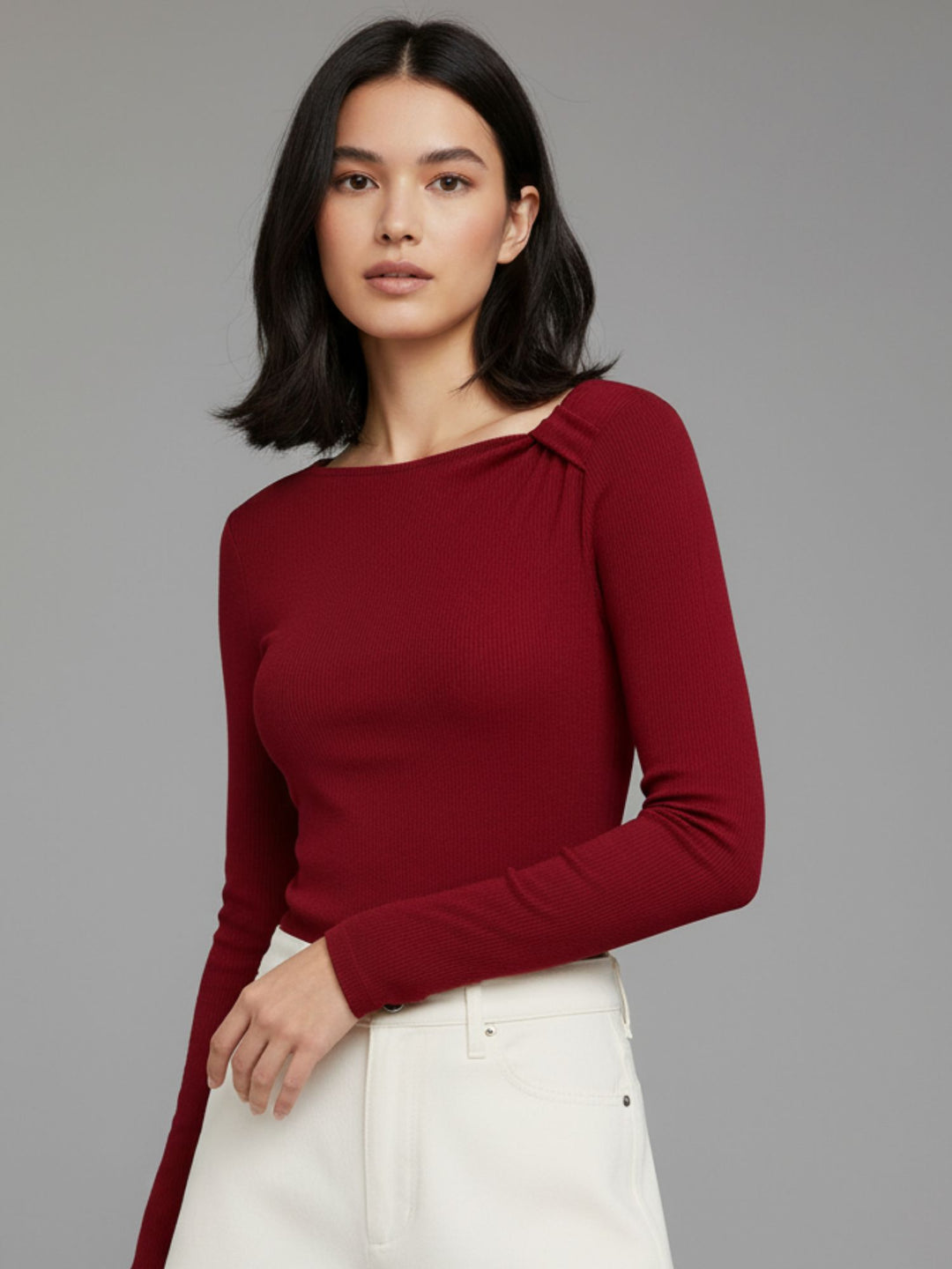 Wine Asymmetric Neckline Solid Top