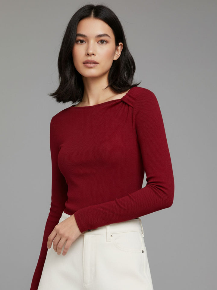 Wine Asymmetric Neckline Solid Top