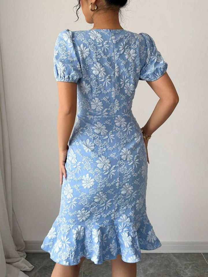 Blue Round Neck Ruffle Dress